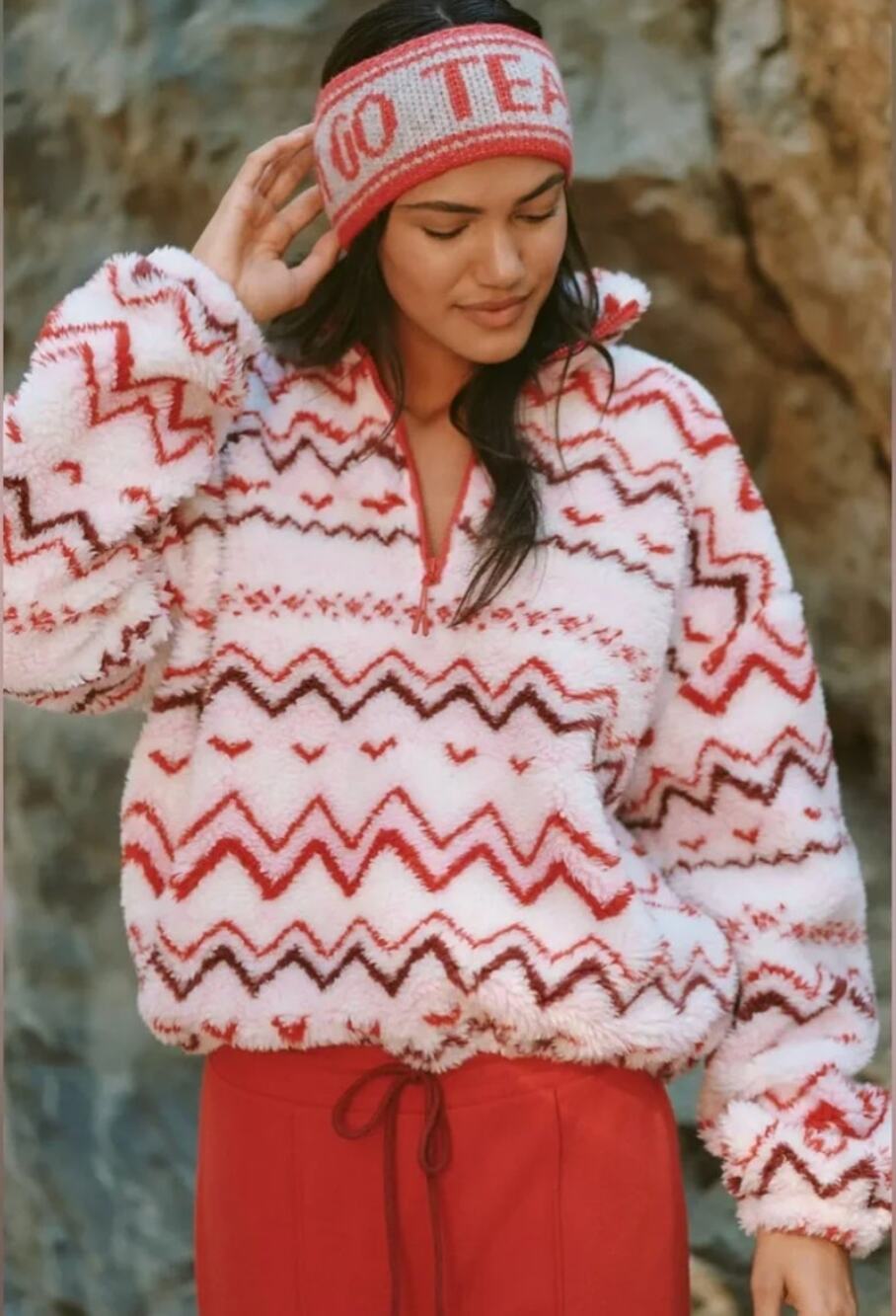 Beach Riot Leona Slopes Quarter Zip Fleece Sherpa Pullover Jacket Red White S